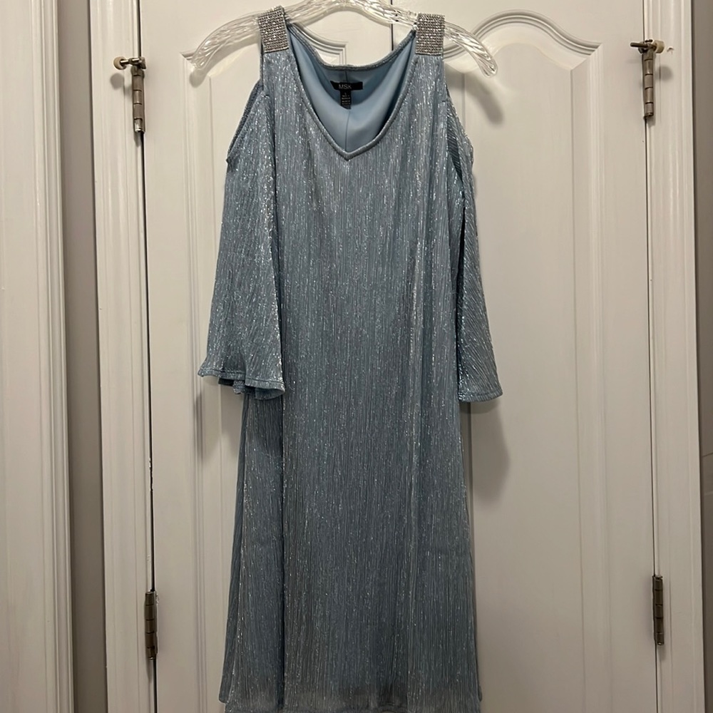 Blue shimmer cold shoulder dress